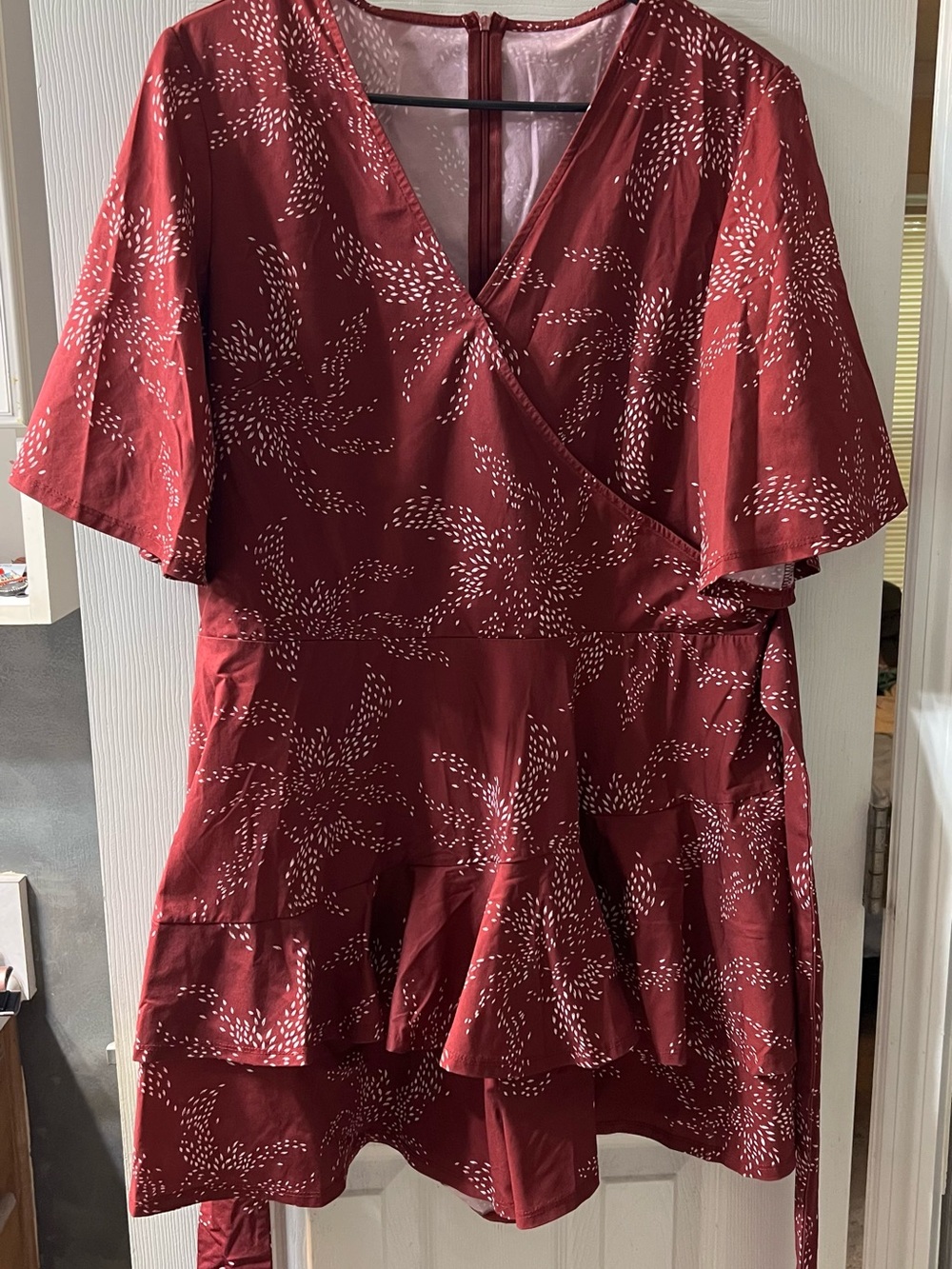 Women’s Plus Size XXL Burgundy Scrub Top- Ruffles, Zipper Back, Tie Back